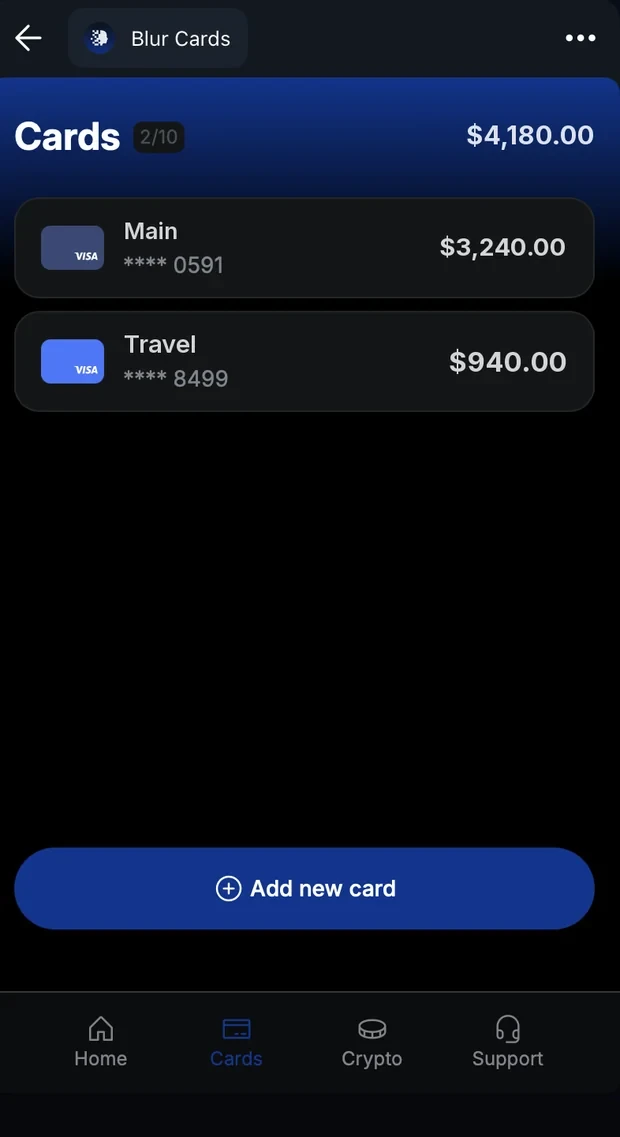The list of issued cards in the Blur app